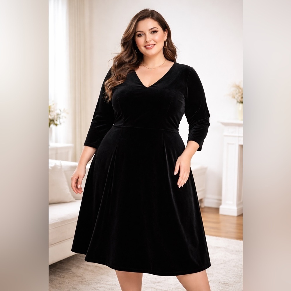 Lands End black velvet v neck a line 3/4 sleeve dress size 16W cocktail party